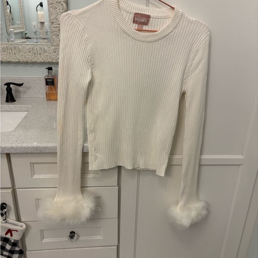 Show Me Your MuMu Cream Ribbed Top with Faux Fur Cuffs